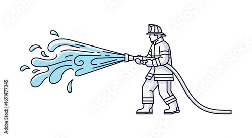 Firefighter in Protective Gear Spraying Water from Hose