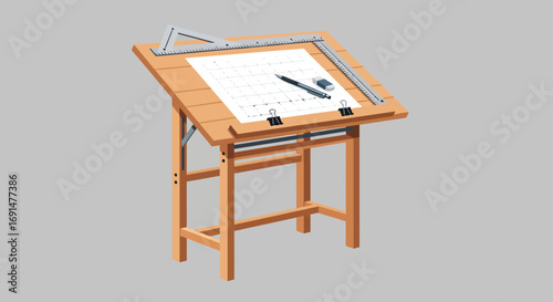 Wooden drafting table with drawing tools and grid paper