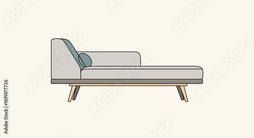Minimalist Chaise Lounge with Round Pillow and Wooden Legs Illustration
