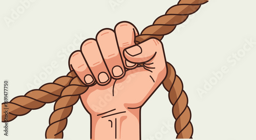 Cartoon Hand Gripping Brown Rope, Illustrating Strength and Determination.