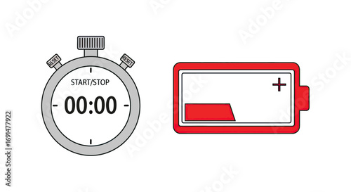 A grey digital stopwatch at zero next to a red battery icon with a low charge level.