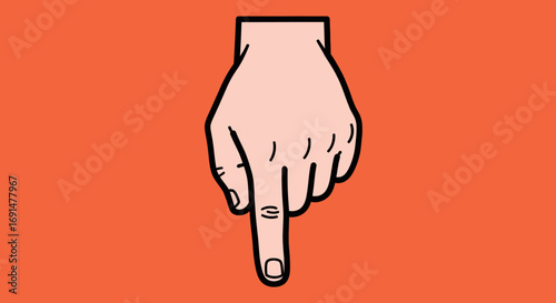 Minimalist graphic illustration of a hand with a bold black outline, index finger pointing downwards.