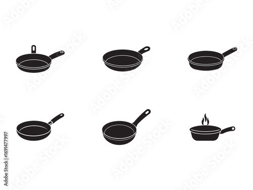 Frying Pan Variety Black Silhouette Icons Kitchen Utensil Cooking Tools Isolated on White Background Set of Kitchenware Items