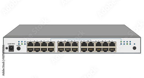 Grey and white network switch with multiple RJ45 ports and LED indicators, illustrated.