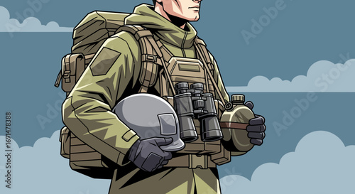 Detailed cartoon soldier in tactical gear holding helmet and canteen, ready for duty