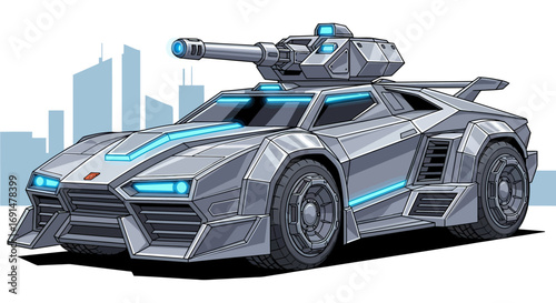 Futuristic Armored Car with Turret and Neon Blue Accents