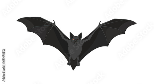 Cartoon bat with dark gray body, black spread wings, red eyes, and sharp fangs