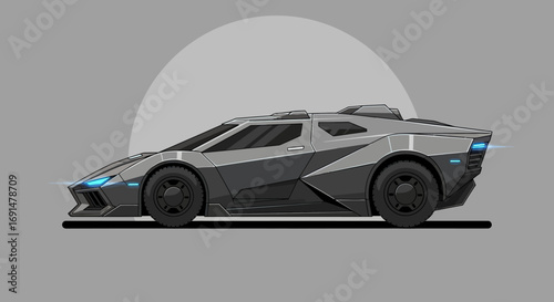 Futuristic Gray Sports Car with Angular Design and Blue Headlights