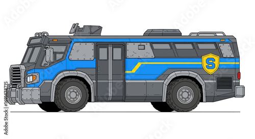 Stylized armored tactical bus in blue and grey with a yellow 'S' shield logo, side profile view.