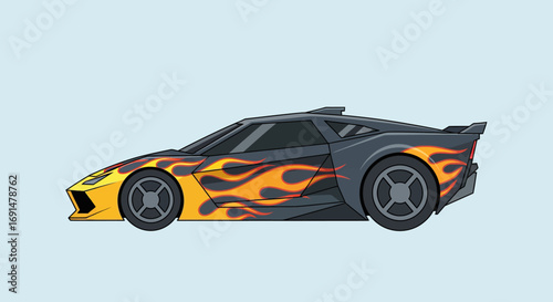 Cartoon Sports Car with Flame Decals and Dark Gray Body