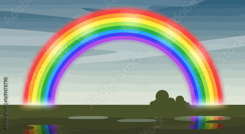 Vibrant Rainbow Arch with Glowing Hues and Reflection in Puddle