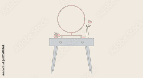 Elegant Vanity Table with Round Mirror, Perfume, and Rose Illustration