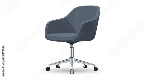 Modern grey upholstered office armchair with a polished chrome five-star swivel base and caster wheels.