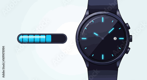 Modern Dark Smartwatch with Glowing Blue Indicators and Progress Bar