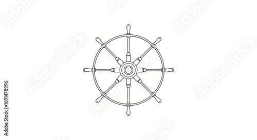 Detailed Black Outline of a Ship's Steering Wheel, Isolated