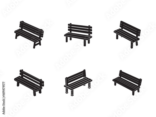 Isometric Park Bench Collection Vector Illustration Variety of Public Seating Options Stylish Outdoor Furniture Minimalist Design Black and White Aesthetic