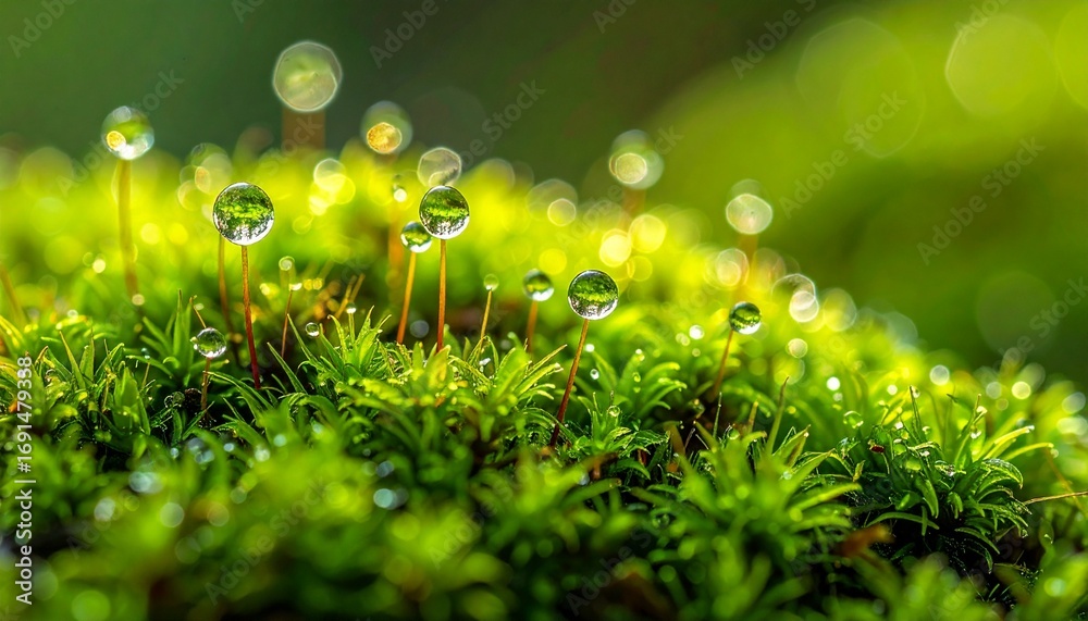 Fototapeta premium Macro-photo of vibrant green moss covered in delicate water droplets, reflecting light and creating a fresh, natural texture