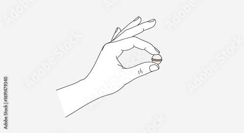 Outline hand holding small white pill with reddish-brown band between fingers