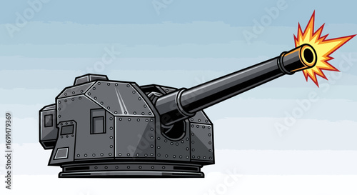Firing Cannon Illustration: Black Cannon with Explosive Burst and Rivets