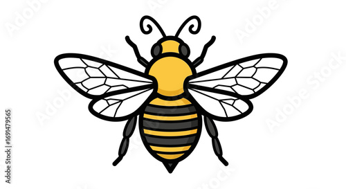 Cartoon Bee with Yellow and Black Stripes, Detailed Wings, and Antennae