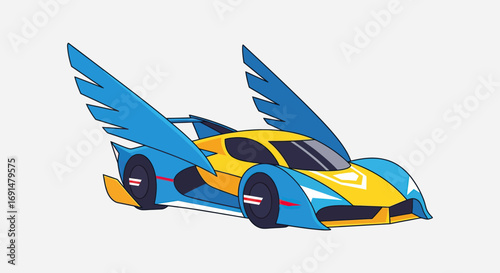Sleek cartoon winged racing car, vibrant blue and yellow, futuristic design, dynamic pose.