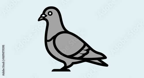 Stylized Gray Pigeon Illustration with Black Outline and Simple Design