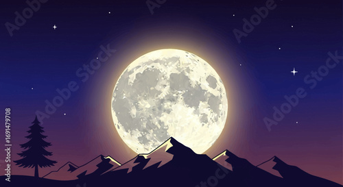 Glowing Full Moon with Textured Surface, Silhouetted Mountains, and Pine Tree at Night