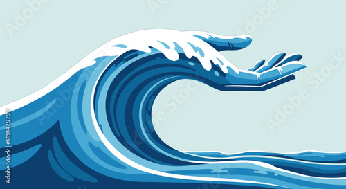 Stylized Blue Ocean Wave with Hand Reaching Out, Vector Illustration