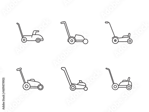 Lawn mower outline icons in a set representing gardening and landscaping equipment for lawn care with minimalistic design