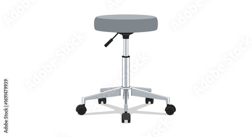 Grey padded rolling stool with adjustable height, metallic five-star base, and caster wheels.