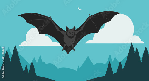 Vector Illustration of a Black Bat with Spread Wings Flying