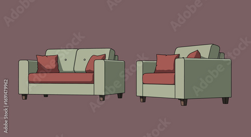 Light Green Sofa Set with Red Cushions: Two-Seater and Armchair
