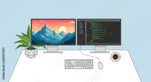 Minimalist flat design workspace with dual monitors, plant, keyboard, mouse, and coffee.