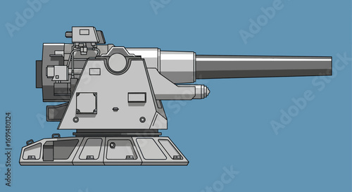 Detailed grey naval cannon illustration, side view, with long barrel and complex base structure
