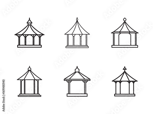 Line Art Illustration of Gazebos in Various Styles Perfect for Architectural Designs and Landscape Planning Diagrams