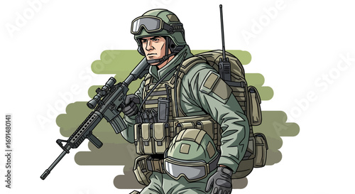 Vector Illustration of Armed Soldier in Military Uniform, Holding Rifle