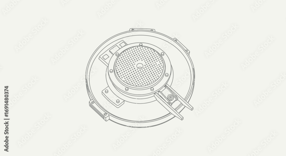 Isometric line art of a circular mechanical component, featuring a finely perforated central disc and detailed fasteners, in a technical drawing style.