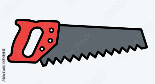 A simple cartoon illustration of a hand saw with a bright red handle and a grey serrated blade, outlined in black.