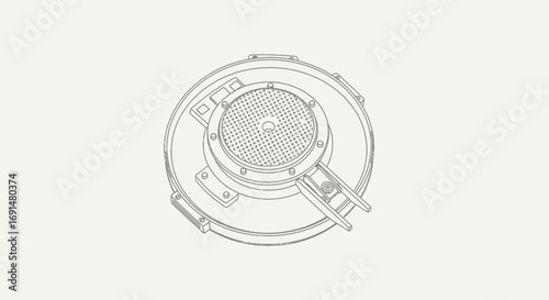 Isometric line art of a circular mechanical component, featuring a finely perforated central disc and detailed fasteners, in a technical drawing style.