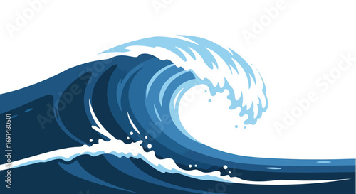 Stylized Vector Illustration of a Breaking Ocean Wave with Blue Hues