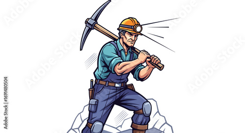 Determined miner with pickaxe and headlamp ready for work