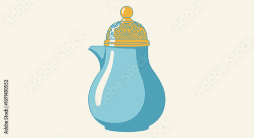 Elegant blue pitcher with ornate golden lid and decorative scrollwork, traditional serving vessel.