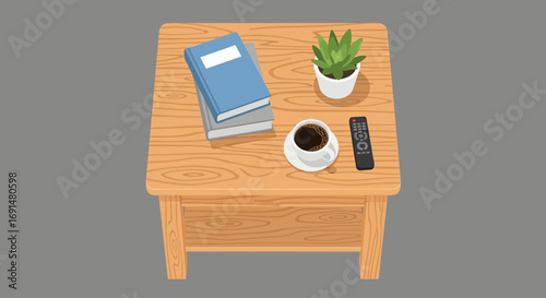 Wooden side table with books, coffee cup, plant, and remote control, flat vector illustration.