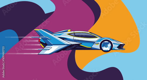 Futuristic Blue and White Flying Car with Wings in Motion