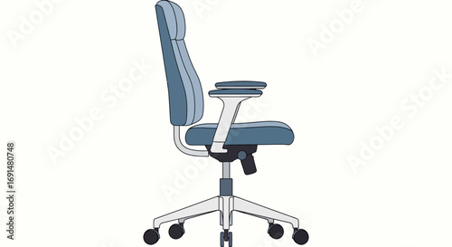 Modern Ergonomic Office Chair with Blue Padded Upholstery and Adjustable Armrests, Side View