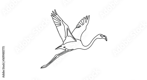 Graceful flying flamingo with outstretched wings, rendered in a minimalist one-line art style.