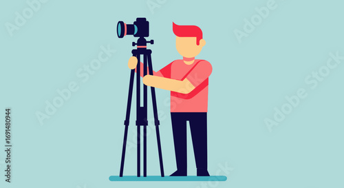 Minimalist flat design of a faceless cameraman in a pink shirt operating a professional video camera on a tripod.