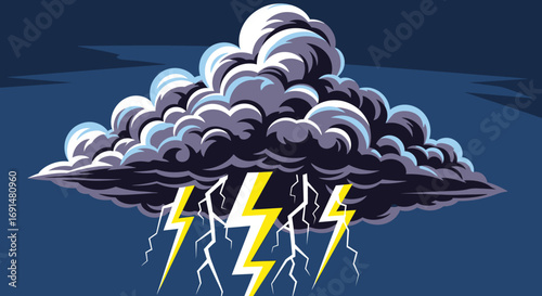 A stylized, menacing dark storm cloud with billowing white highlights and bright yellow lightning bolts striking down.