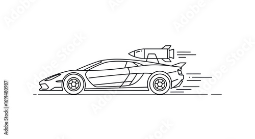 Line Art of a Sports Car with Rocket Booster, Speeding Forward