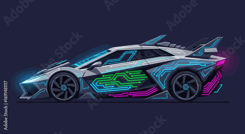 Futuristic concept supercar with glowing neon blue, green, and magenta circuit board livery.